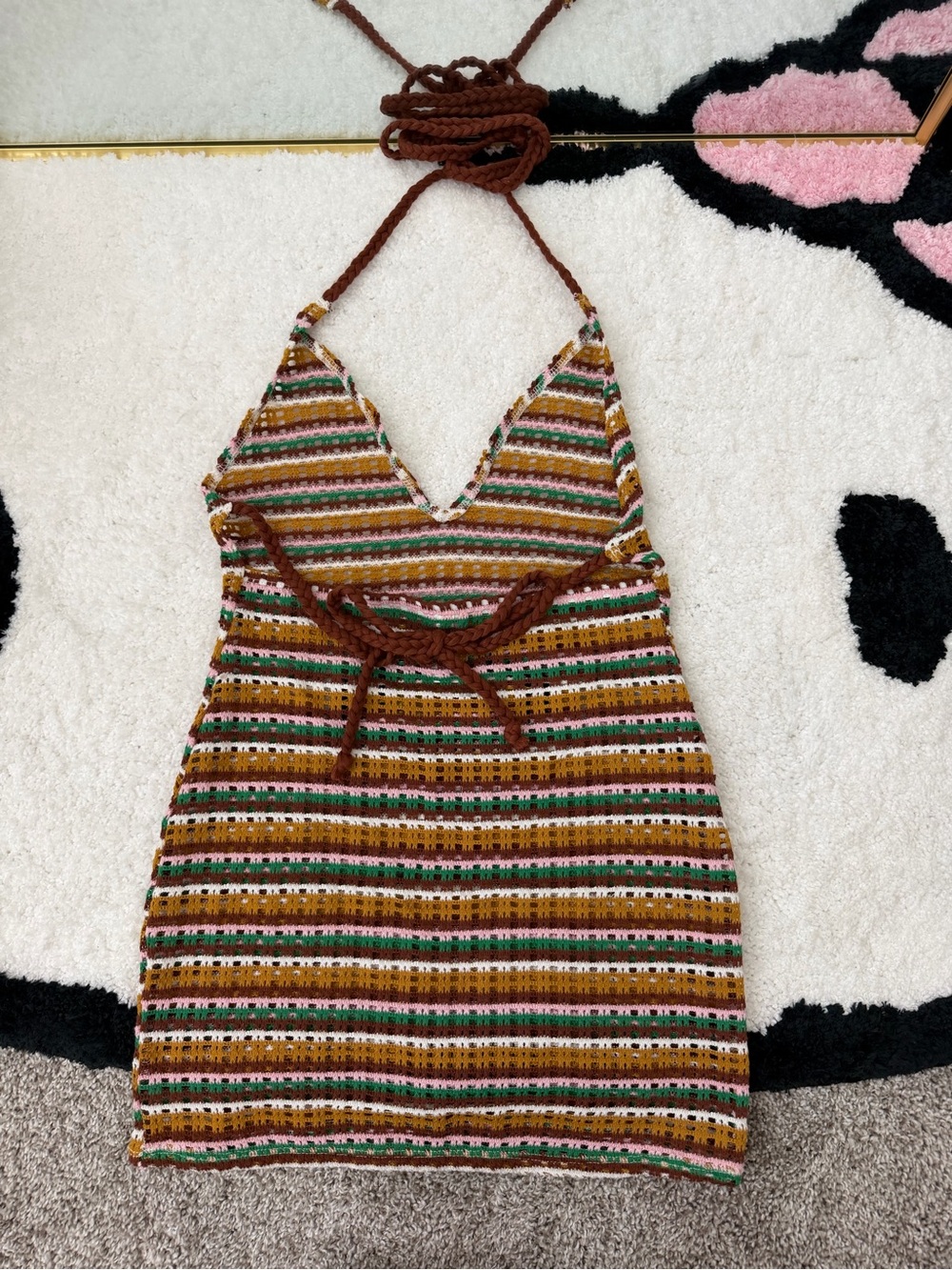 wild fable Striped Halter Mini Dress in Brown, Green, Pink and Cream - Picture 3 of 3